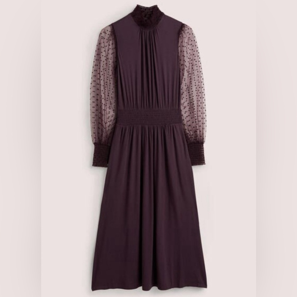 Boden Plum Long-Sleeve Midi Dress with Sheer Polka Dot Sleeves